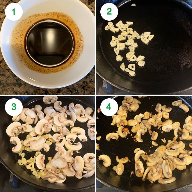 step by step picture collage of making balsamic mushrooms