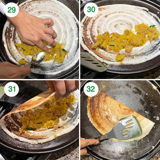 step by step picture collage of making crispy masala dosa at home