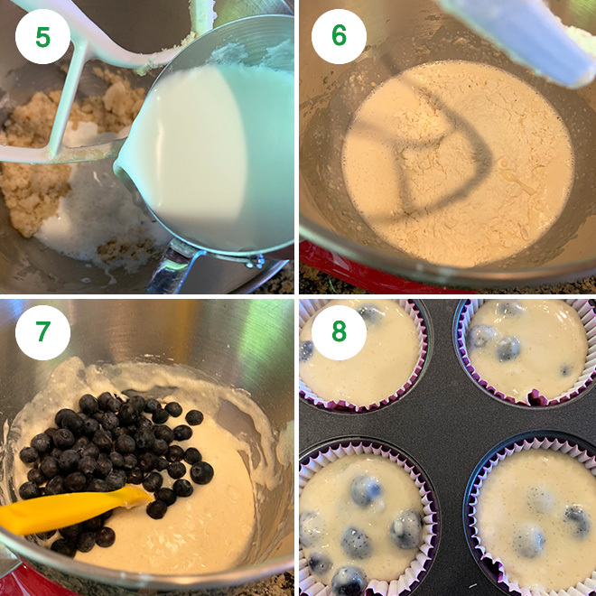 picture collage of making eggless blueberry muffins