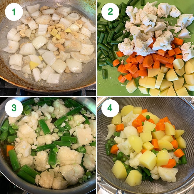 step by step picture collage of making navratan korma