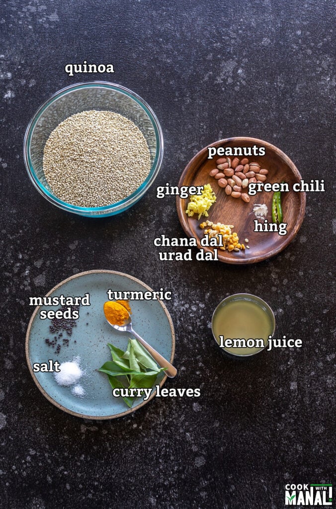 ingredients for lemon quinoa arranged on a board