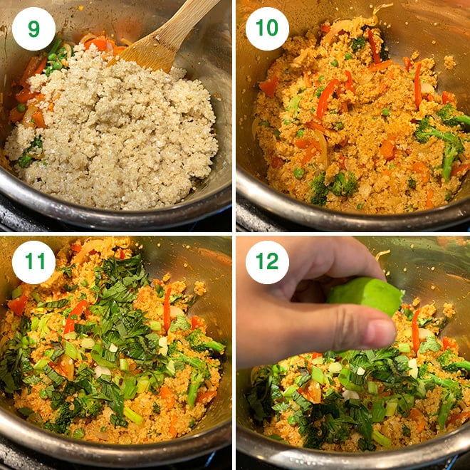 step by step picture collage of making quinoa fried rice