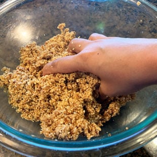 a hand mixing together a mixture of oats, sesame seeds and dates together in a bowl
