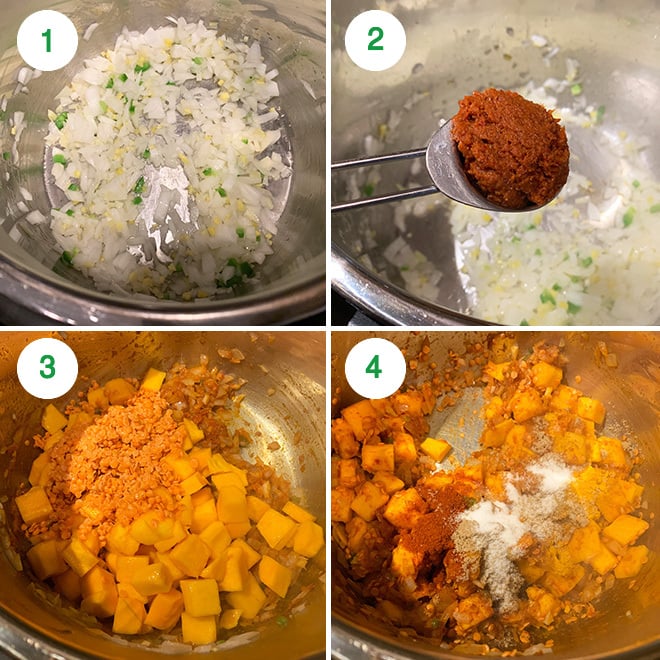 step by step picture collage of making butternut squash lentil curry in instant pot