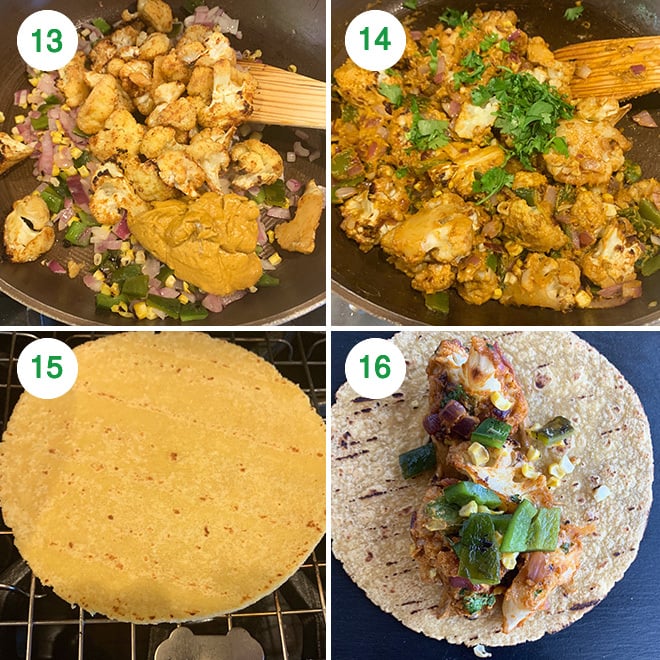 step by step picture collage of making cauliflower corn poblano tacos