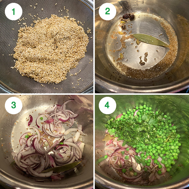 step by step picture collage of making quinoa matar pulao in instant pot