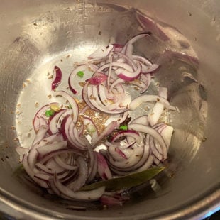 sliced onion and spices added to oil in a pot