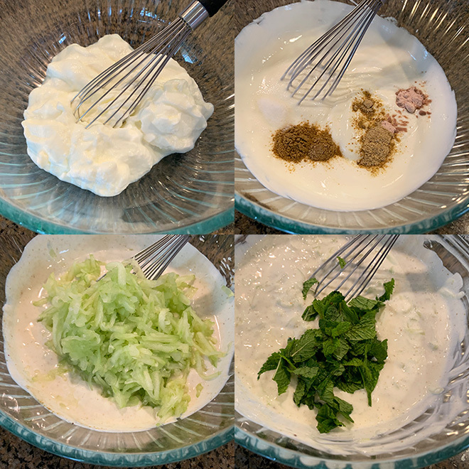 step by step picture collage of making cucumber raita