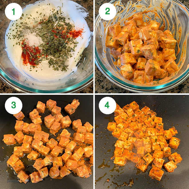 step by step picture collage of making tawa paneer