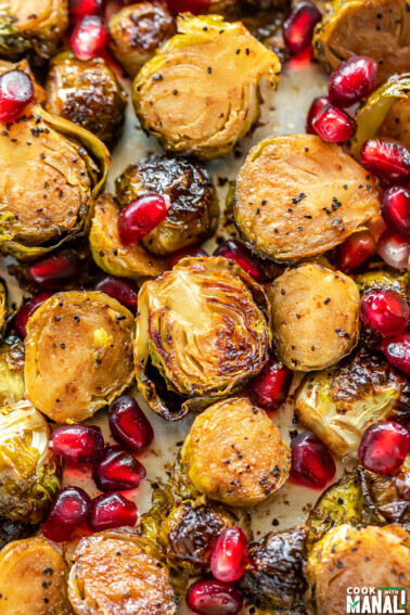 overhead shot of roasted brussel sprouts with pomegranate