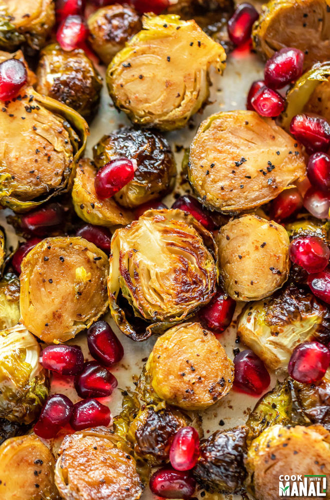Balsamic Maple Roasted Brussel Sprouts with Pomegranate - Cook With Manali