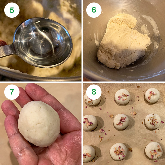 step by step picture collage of making coconut rose cookies