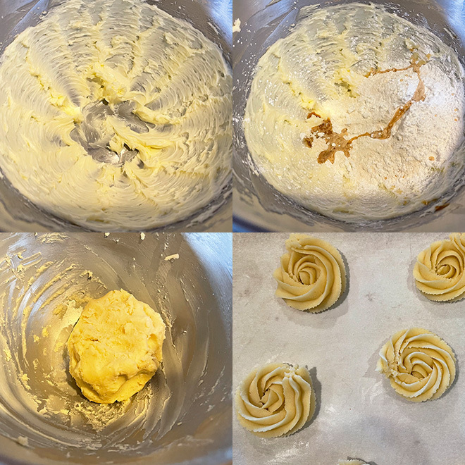 step by step picture collage of making danish butter cookies