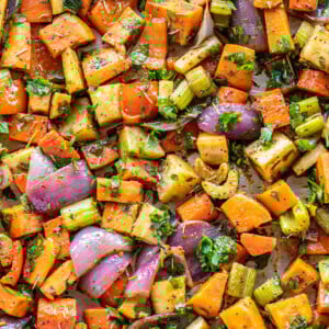 assorted roasted veggies on a baking tray