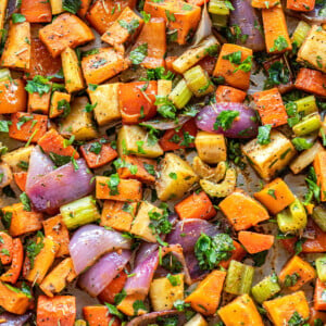 assorted roasted veggies on a baking tray