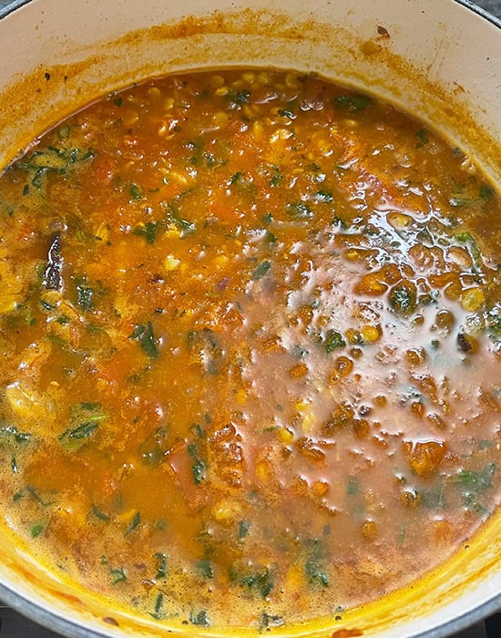 simmering chana dal in a pot