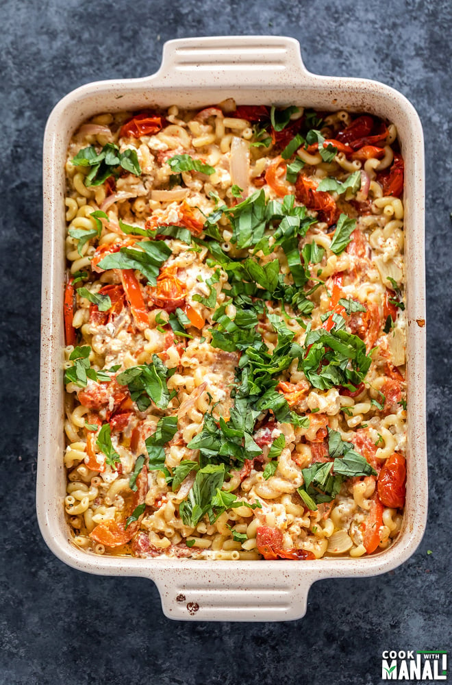 baked feta pasta in a baking dish