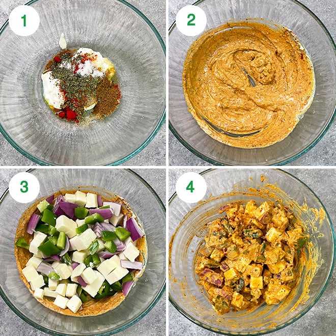 step by step picture collage of making paneer tikka naan pizza