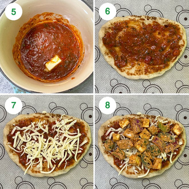 step by step picture collage of making paneer tikka naan pizza