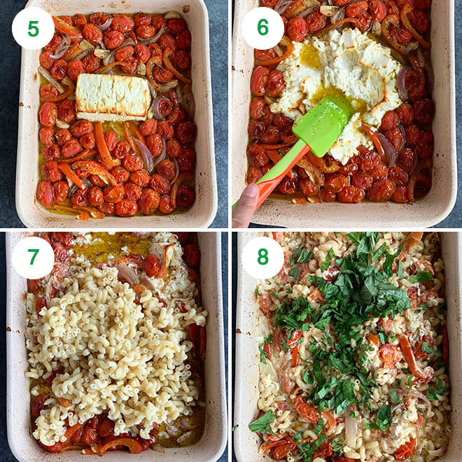 step by step picture collage of making baked feta pasta