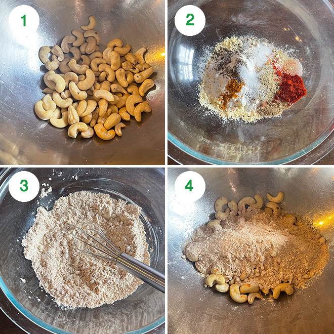 step by step collage of making masala cashews in air fryer