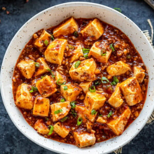 mapo tofu served in a white bowl and garnished with green onions