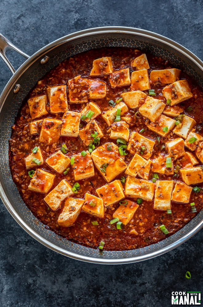 tofu with chili sauce served in a pan