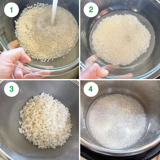 step by step picture collage showing how to make sushi rice