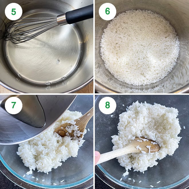 step by step picture collage showing how to make sushi rice