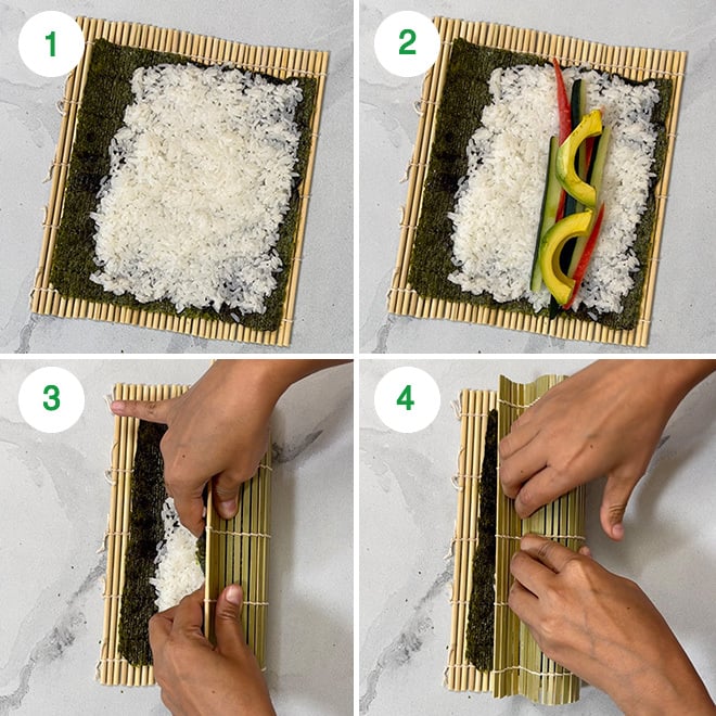 step by step picture collage showing how to make vegan sushi