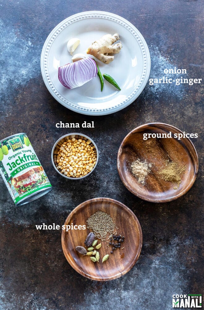 ingredients for jackfruit kebab placed on a board