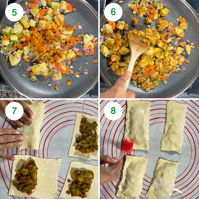 step by step picture collage of making veg puff at home