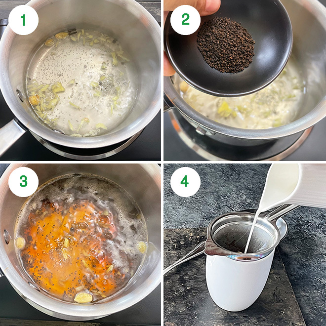 step by step picture collage of making vegan chai
