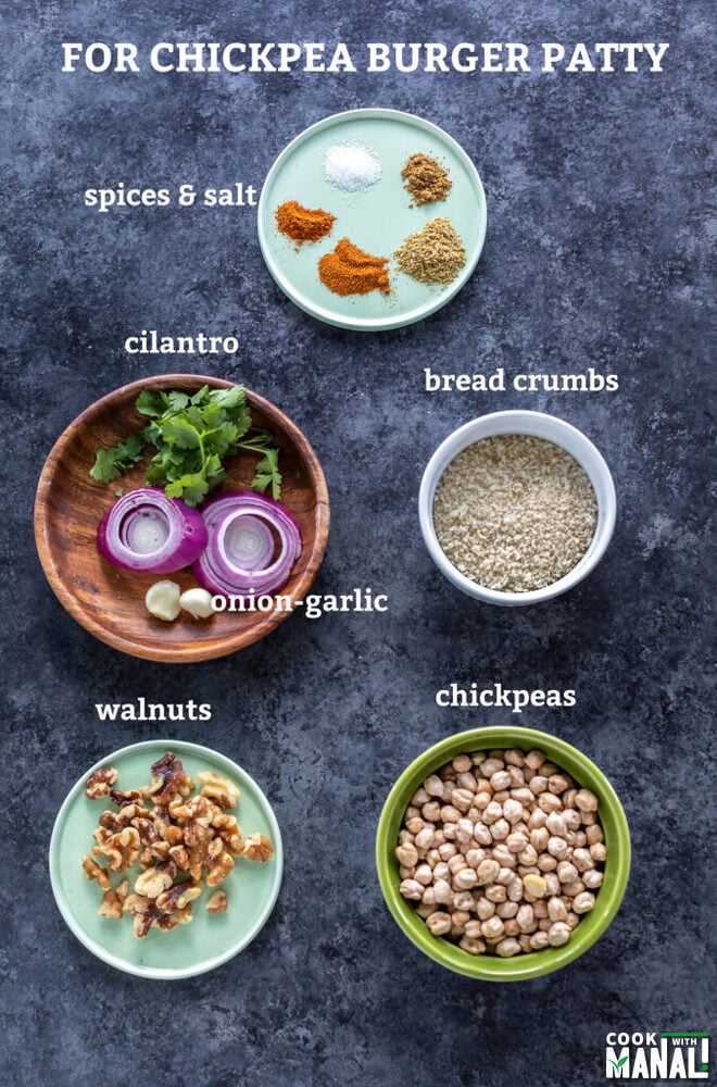 bowl with chickpeas, bread crumbs, plate with walnuts and another with spices