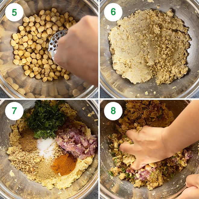 step by step picture collage of making chickpea burger