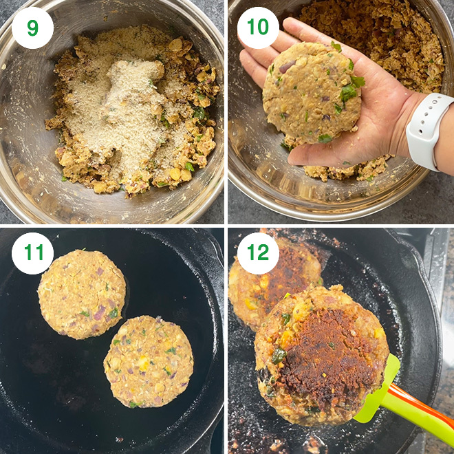 step by step picture collage of making chickpea burger