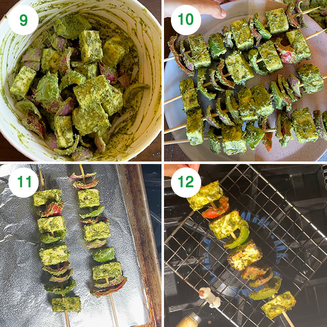 step by step picture collage of making hariyali paneer tikka