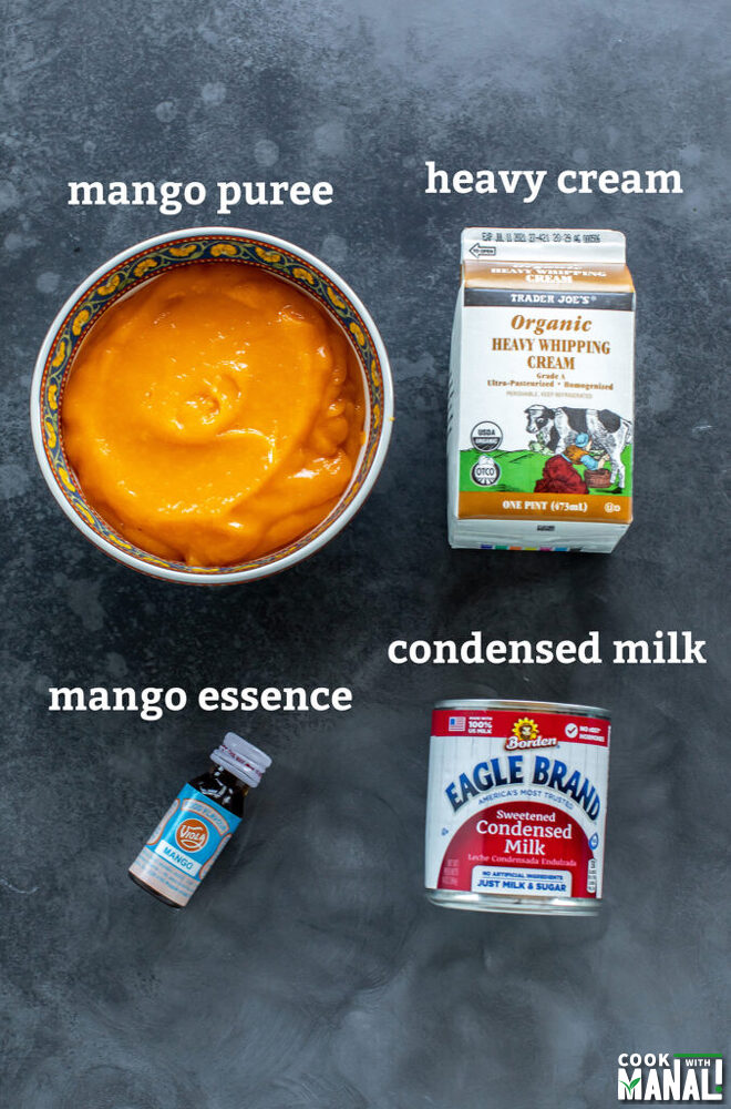 cream, mango puree, condensed milk placed on a platform