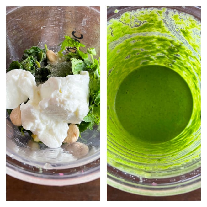 2 photographs side by side showing making of cilantro chutney