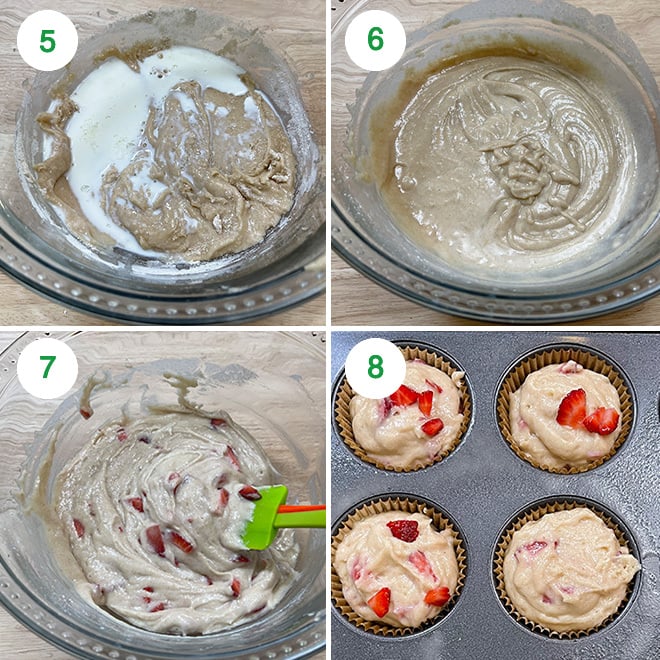 step by step picture collage of making eggless strawberry muffins
