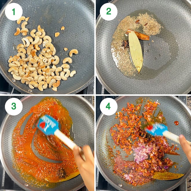 step by step picture collage of making kaju masala