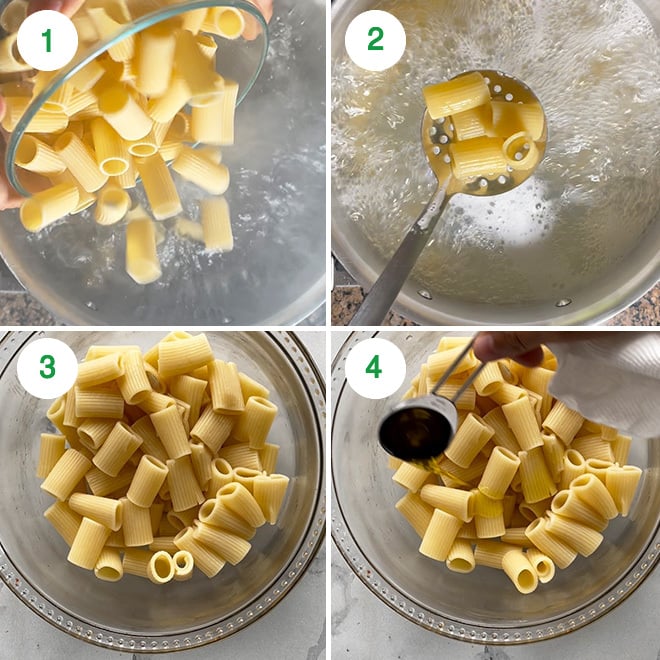 step by step picture collage of making pasta chips