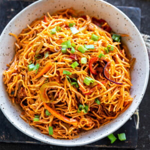 bowl of vegetarian noodles garnished with green onion