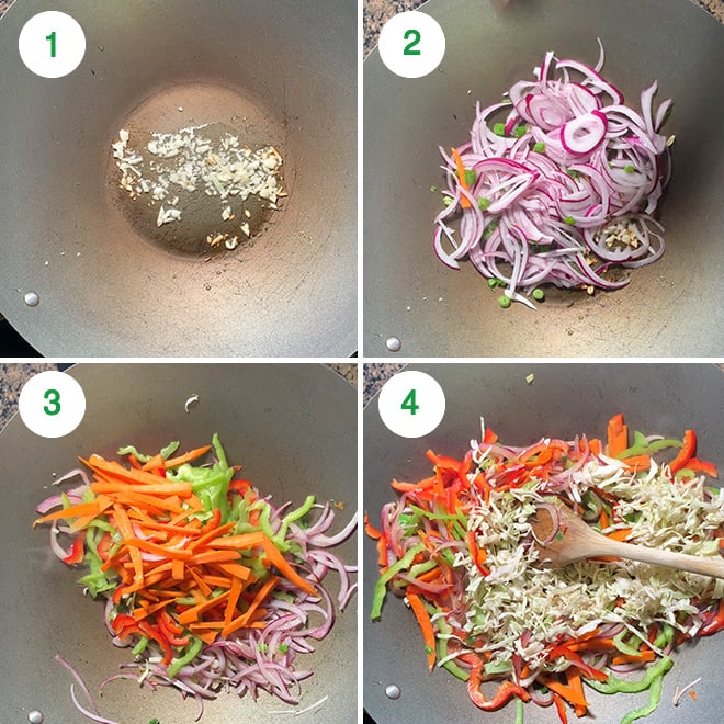 step by step picture collage of making schezwan noodles