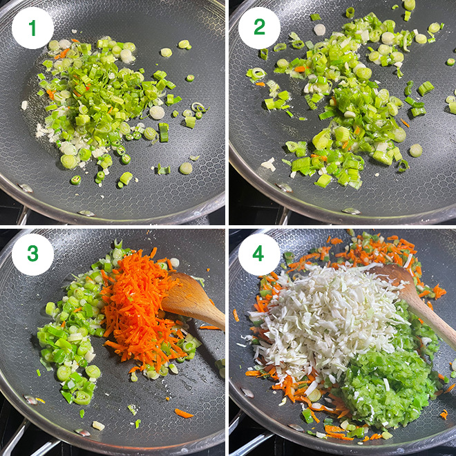 step by step picture collage of making paneer and vegetable filling for momos