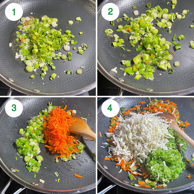 step by step picture collage of making paneer and vegetable filling for momos