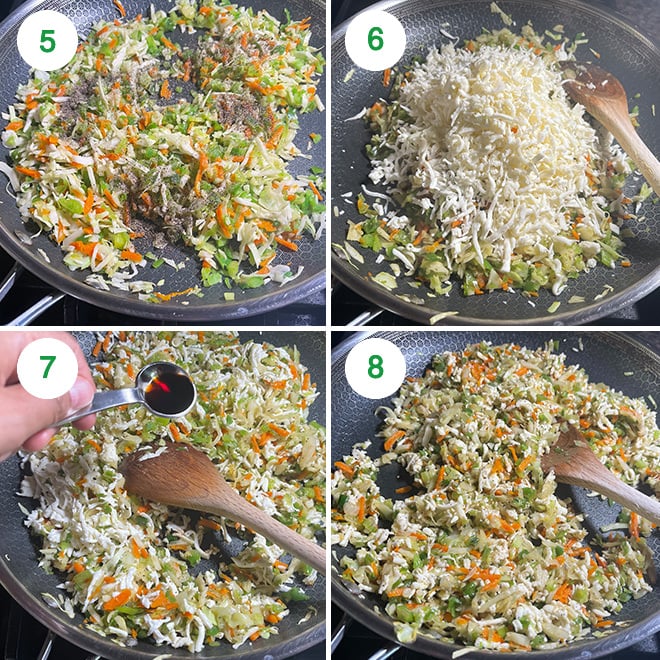 step by step picture collage of making paneer and vegetable filling for momos