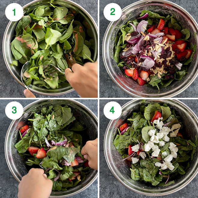 step by step picture collage of making spinach strawberry salad