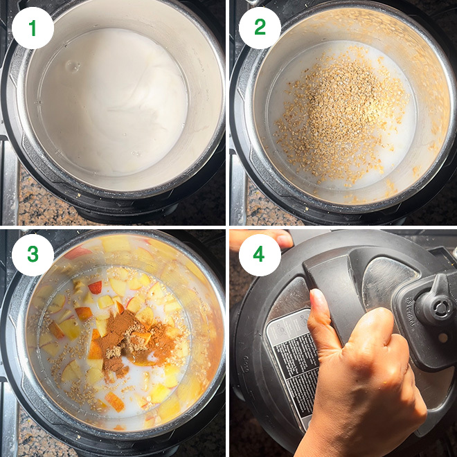 step by step picture collage of making apple pie oatmeal in instant pot