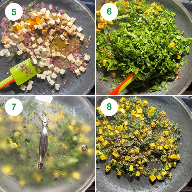 step by step picture collage of making palak paneer stir fry